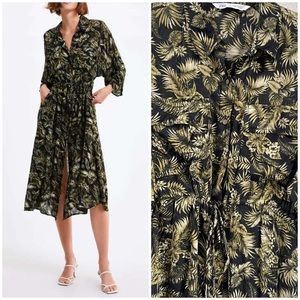 Zara Palm Leaf Print Midi Dress Black Green Size XS